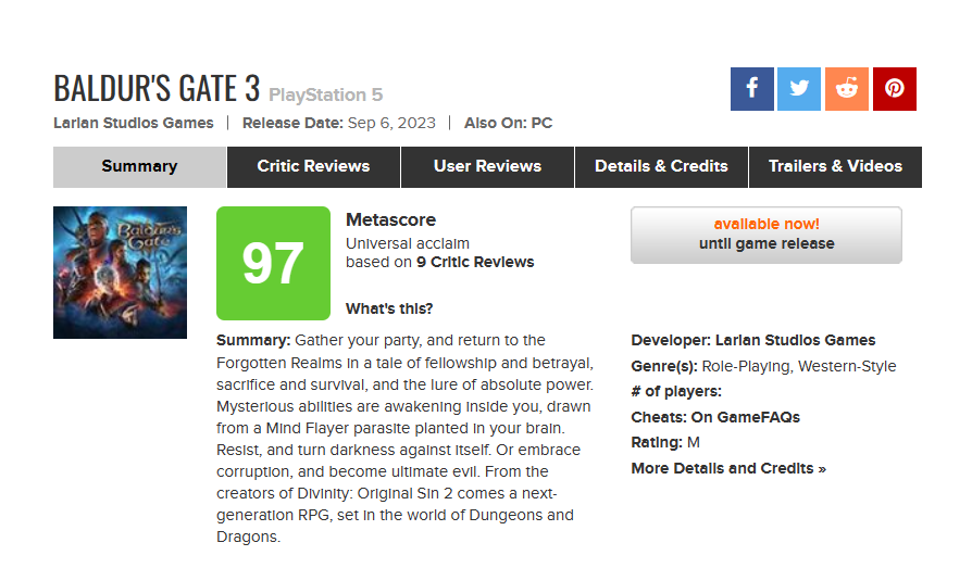 《博德之门3》PS5版评分解禁：M站均分97.png
